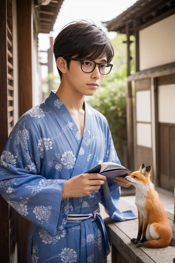 Boy, delicate, fox, glasses, yukata