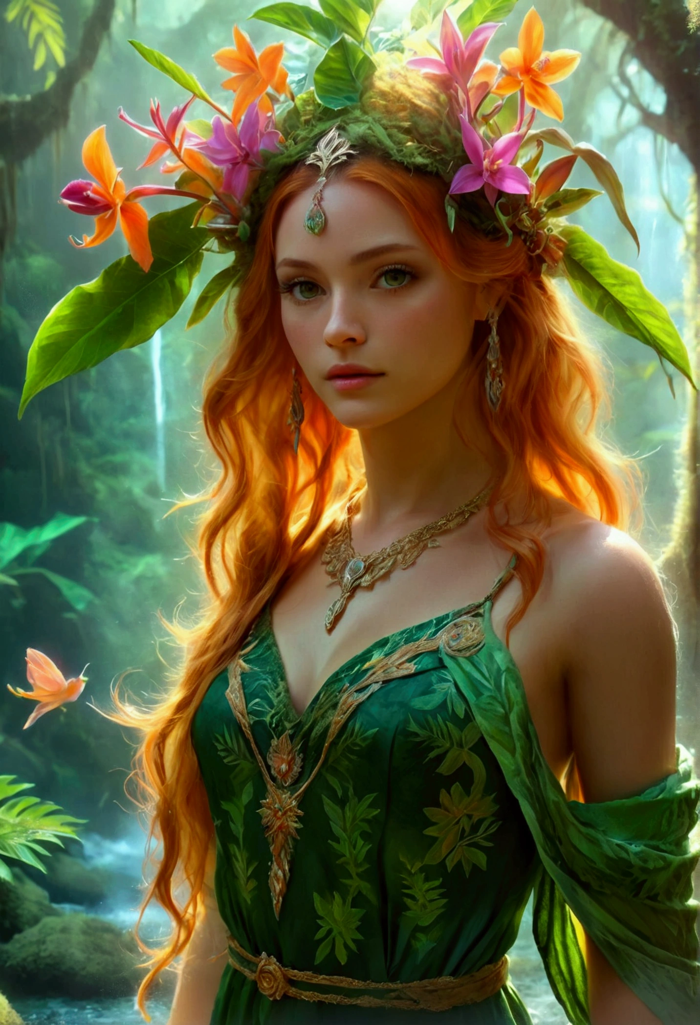  a picture of a druid in her jungle cove, an exotic, most beautiful human druid, priest of nature, warden of the wild of the jungle, full body, ((anatomically correct: 1.5)) long hair, wild hair, orange hair, flowers and leaves in her hair, wearing a (green robe: 1.3), intricate robe, with flowers on it,  small cleavage, high boots, eyes glowing with magic, she protects her jungle grove, many old (cacao trees: 1.3), orchids trees, heliconia flowers, some wild life, a (stream of water: 1.3), fantasy art, vibrant, Ultra-high resolution, High Contrast, (masterpiece:1.5), highest quality, Best aesthetics), best details, best quality, highres, ultra wide angle, 16k, [ultra detailed], masterpiece, best quality, (extremely detailed) RAW, DruidMagicAI