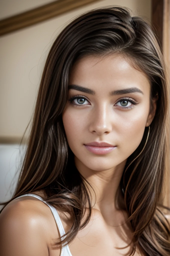 1 fille dans, 19 ans,qui est allongé, Seulement, photo realiste , une belle fille kabyle algérienne, cheveux brun clair ondulés, Kabylian hair style, Cheveux mi-longs, beau visage berbère kabyle, yeux vert, peau claire, visage mince, corps des coureurs, portant une tenue d'écolière, (peau texturée, pores de la peau:1.1), chair de poule, pose séduisante, (Extérieur:1.1), maison modern en arriere plan, ensoleillé, Lumière naturelle, Nikon Z8 + NIKKOR Z 24-120 mm f../4S