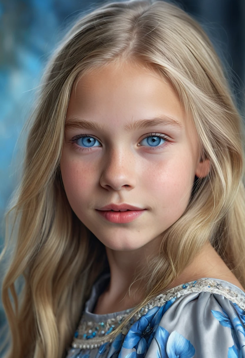 Portrait of a Norwegian beautiful tween, intricate dress, soft smile, huge natural lips, long blonde hair, blue-grey eyes, realism, digital painting, concept art, smooth, sharp focus, rule of thirds, Style-Psycho