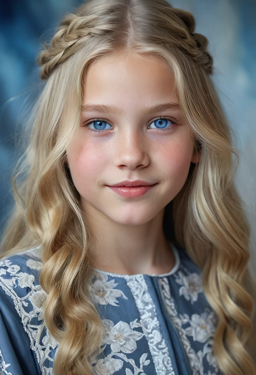 Portrait of a Norwegian beautiful tween, intricate dress, soft smile, huge natural lips, long blonde hair, blue-grey eyes, realism, digital painting, concept art, smooth, sharp focus, rule of thirds, Style-Psycho