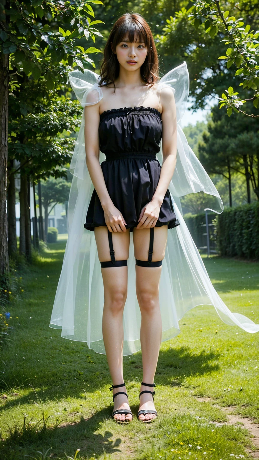 (8k、RAW Photos、Highest quality、masterpiece:1.2)、(Realistic、Realistic)、1 Girl、((whole body、Off the shoulder、black and pink dress、Skin visible、ribbon、Exposed、Sandals、garter belt、garden、View from the front、Fluttering in the wind、Looking at the camera、See-through、Standing with hands on hips))、cute