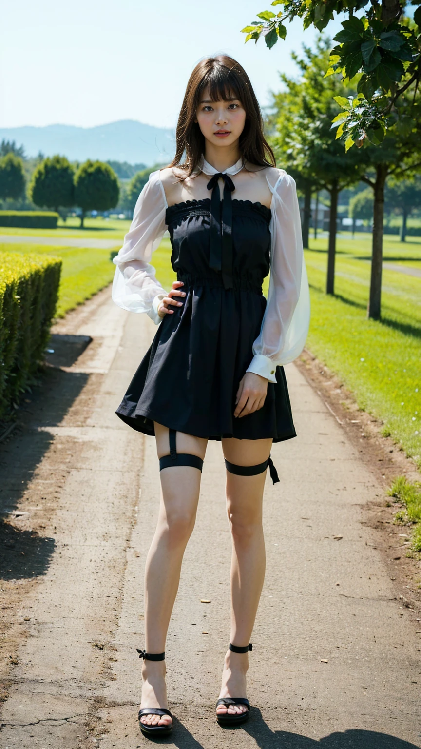 (8k、RAW Photos、Highest quality、masterpiece:1.2)、(Realistic、Realistic)、1 Girl、((whole body、Black Dress、Skin visible、ribbon、Exposed、Sandals、garter belt、garden、View from the front、Fluttering in the wind、Looking at the camera、See-through、Standing with hands on hips))、cute