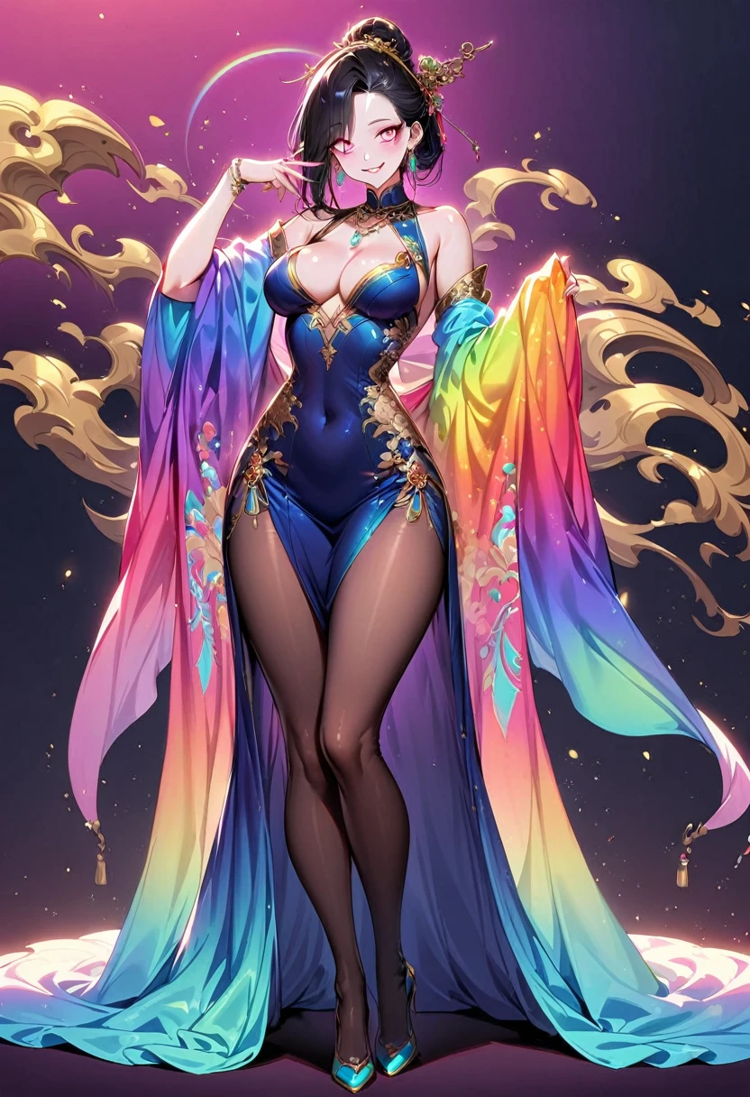 1 mature beautiful woman,(Highest quality,Extremely detailed depiction,Incredibly absurd high resolution,Anatomically accurate depiction,Curvy Legs,Detailed pupil),(Glowing Skin,Shiny skin),(A charming Chinese noble lady),(The intricately constructed costume of a Chinese goddess,See-through,Intricate embroidery,Shiny fabric,Rainbow gradient sleeves,black tights),eyelash,(Pink Eyes,Crazy Eyes,There is cleavage in the chest,Wicked Smile,Glossy Lips,Flashy makeup,Seductive gestures),Luxury accessories,earrings,necklace,whole body,background:Chinese-style mansion