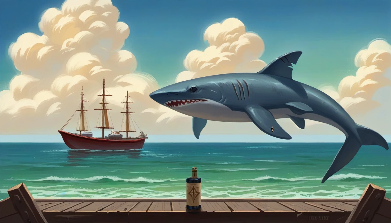 painting of a boat with a shark in the water with a boat in the middle, by Daniel Ljunggren, incredible & arte d, by Alexander Gine, Award-winning epic painting, krenz cushart anarte dem demura, by Karl Kopinski, Sergei Kolesov, conceptual artwork | rhads, Por Dan Christensen