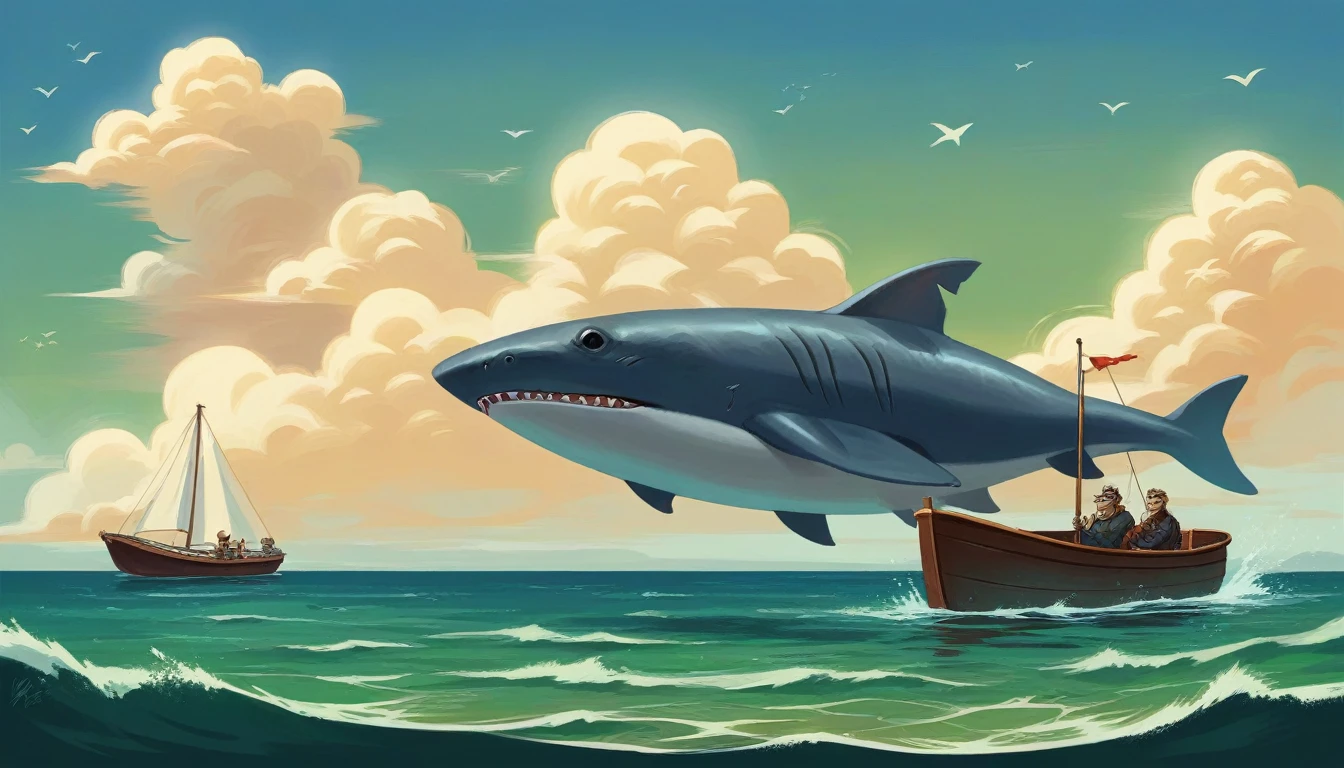 painting of a boat with a shark in the water with a boat in the middle, by Daniel Ljunggren, incredible & arte d, by Alexander Gine, Award-winning epic painting, krenz cushart anarte dem demura, by Karl Kopinski, Sergei Kolesov, conceptual artwork | rhads, Por Dan Christensen