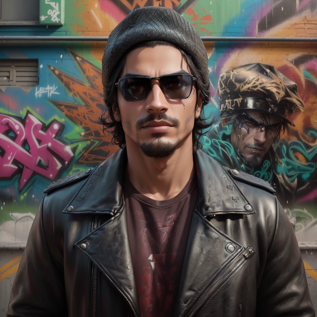 arafed man in a leather jacket and hat standing in front of a graffiti wall, highly detailed vfx portrait, detailed portrait shot, highly detailed vfx portrait of, matte painting portrait shot, cinematic portrait, fierce expression 4k, cinematic realistic portrait, menacing look, smug look, avan jogia angel, aggressive look, cool face, with a cool pose, remove glasses