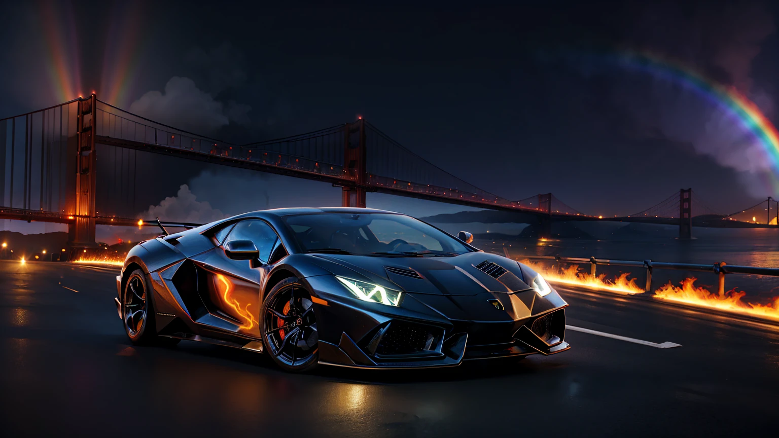 A ghost rider on top of the Lamborghini car, driving over the rainbow bridge with the Golden Gate bridge in the background, flames around him and colorful rainbows all around, in the digital art style.