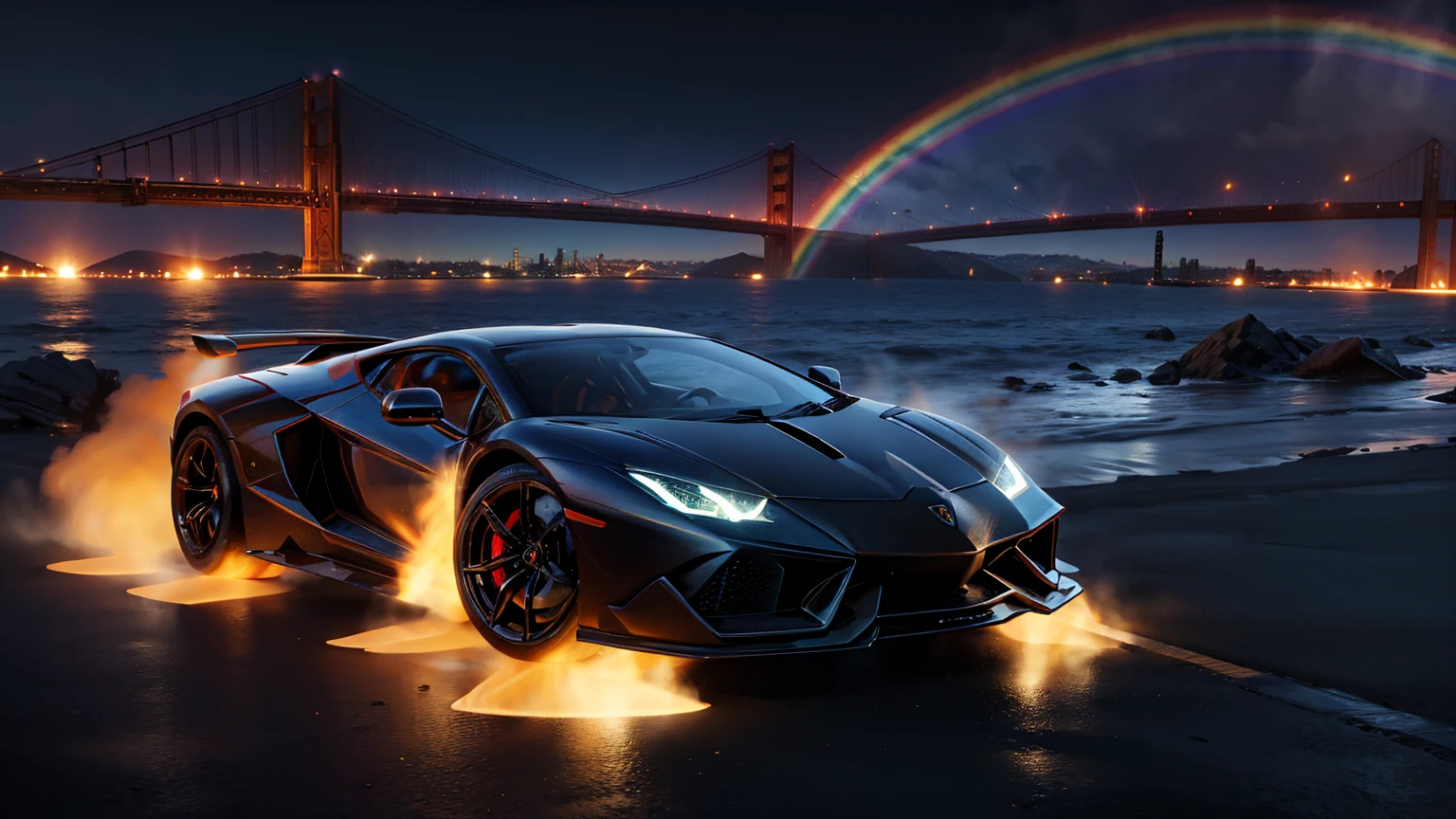 A ghost rider on top of the Lamborghini car, driving over the rainbow bridge with the Golden Gate bridge in the background, flames around him and colorful rainbows all around, in the digital art style.