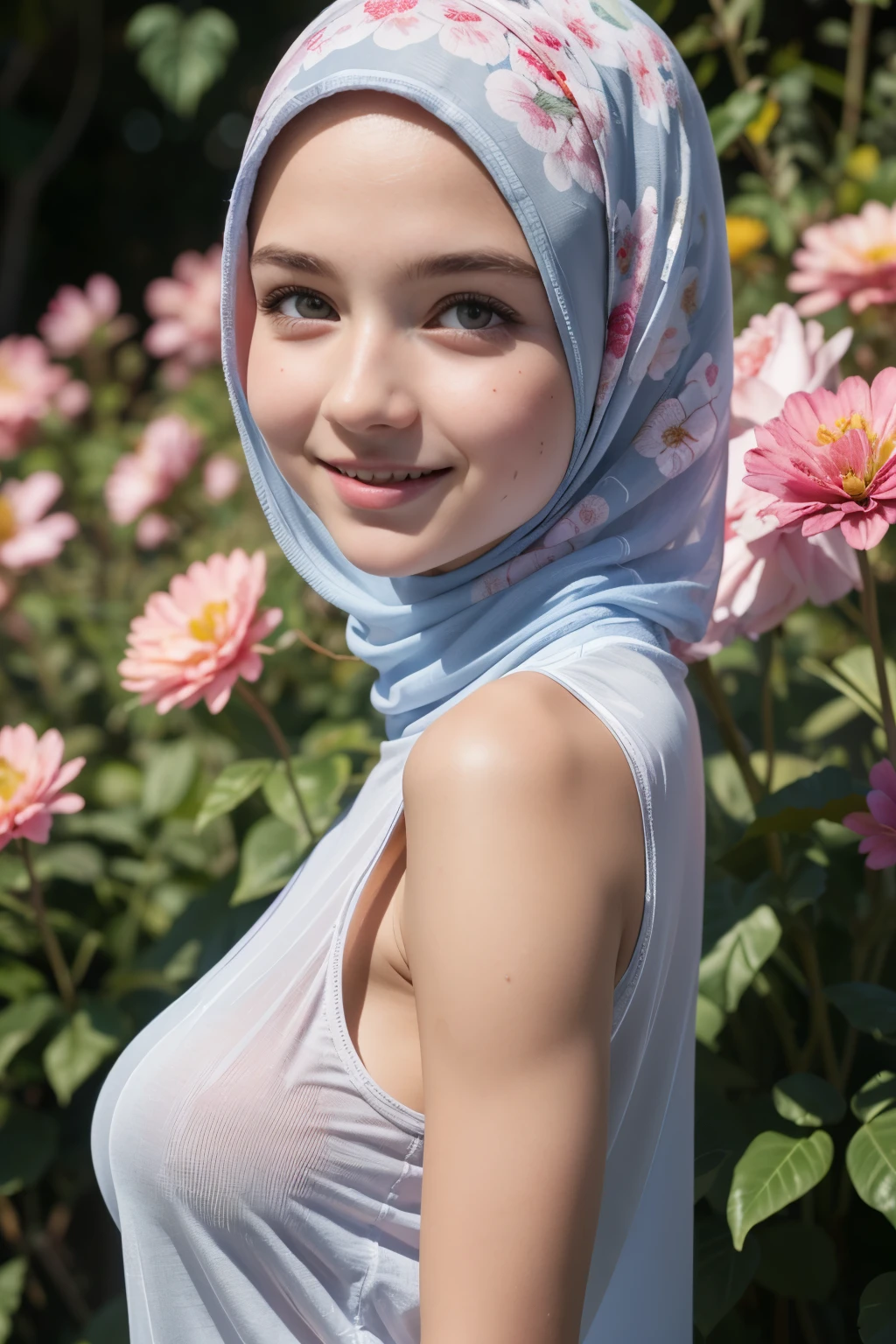 (Singlet), Chubby adorable, 1 girl, (face to face), , baby face, hf body portrait, (face details: 1), (eye details: 1), ((big breasts)). wearing transparent transparency soft long shirt, hijab, .. Cute posed. proportional body. Ultra High Res. realistic: 1.4, UHD, (floral pattern), view from side seductive pose 