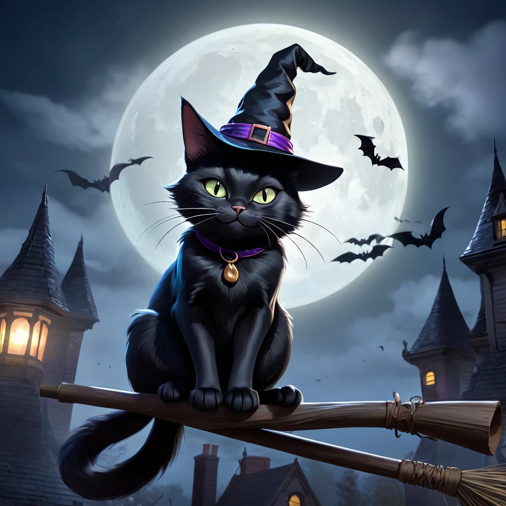 1 black cat, black cat perched on broomstick, witch's hat, mischievous grin, full moon, bats, moonlit night, dark atmosphere, haunting, spooky, dark fantasy, mystical, ethereal, intricate details, highly detailed, cinematic lighting, dramatic shadows, moody, Halloween, supernatural, surreal, photorealistic, 8k, best quality, masterpiece