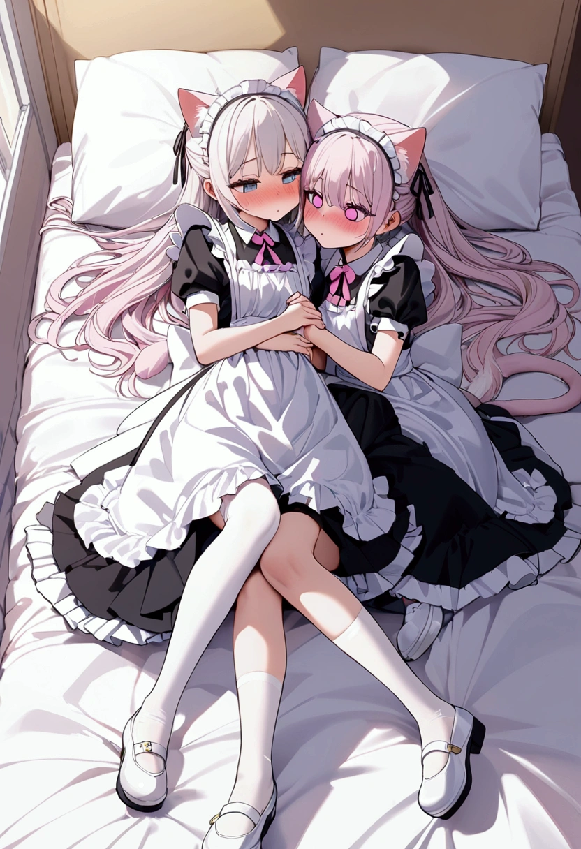 I have white pink hair, cat ears, a bun, my face is super blushing, black glasses, pink heart eyes, a maid&#39;s outfit, white stockings, white shoes, a cat&#39;s tail, a very shy girl lying on a bed they are kissing