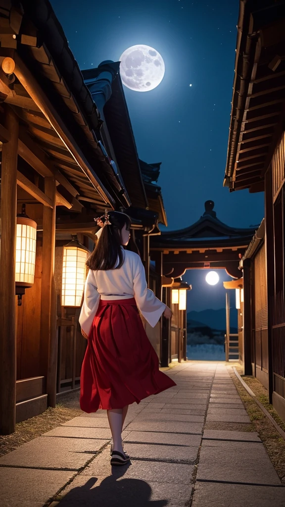 One girl, alone, dress, full moon, In the same way, In the same way skirt, kimono, Shrine maiden、moon, moonlight, Outdoor, red In the same way, skirt, masterpiece, Highest quality