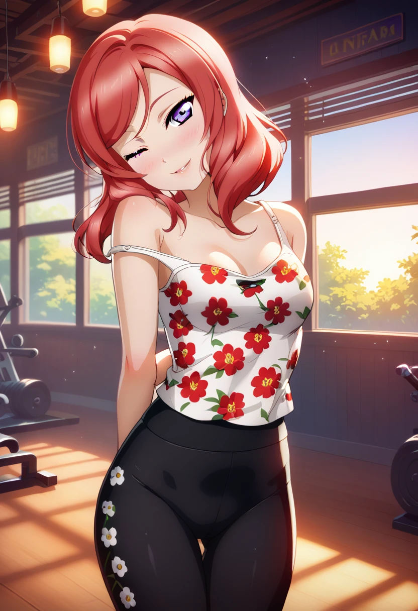 masterpiece, best quality, nishikino maki, purple eyes,red hair, volumetric lighting, illustration, beautiful, tight , Blushing, looking at viewer, flowers printed tank top, yoga pants,solo, curvy body,floral print, seductive smile, (arms behind back, head tilt:1.1),(breathtaking scenery:1.1), blushing, strap slip , wink 