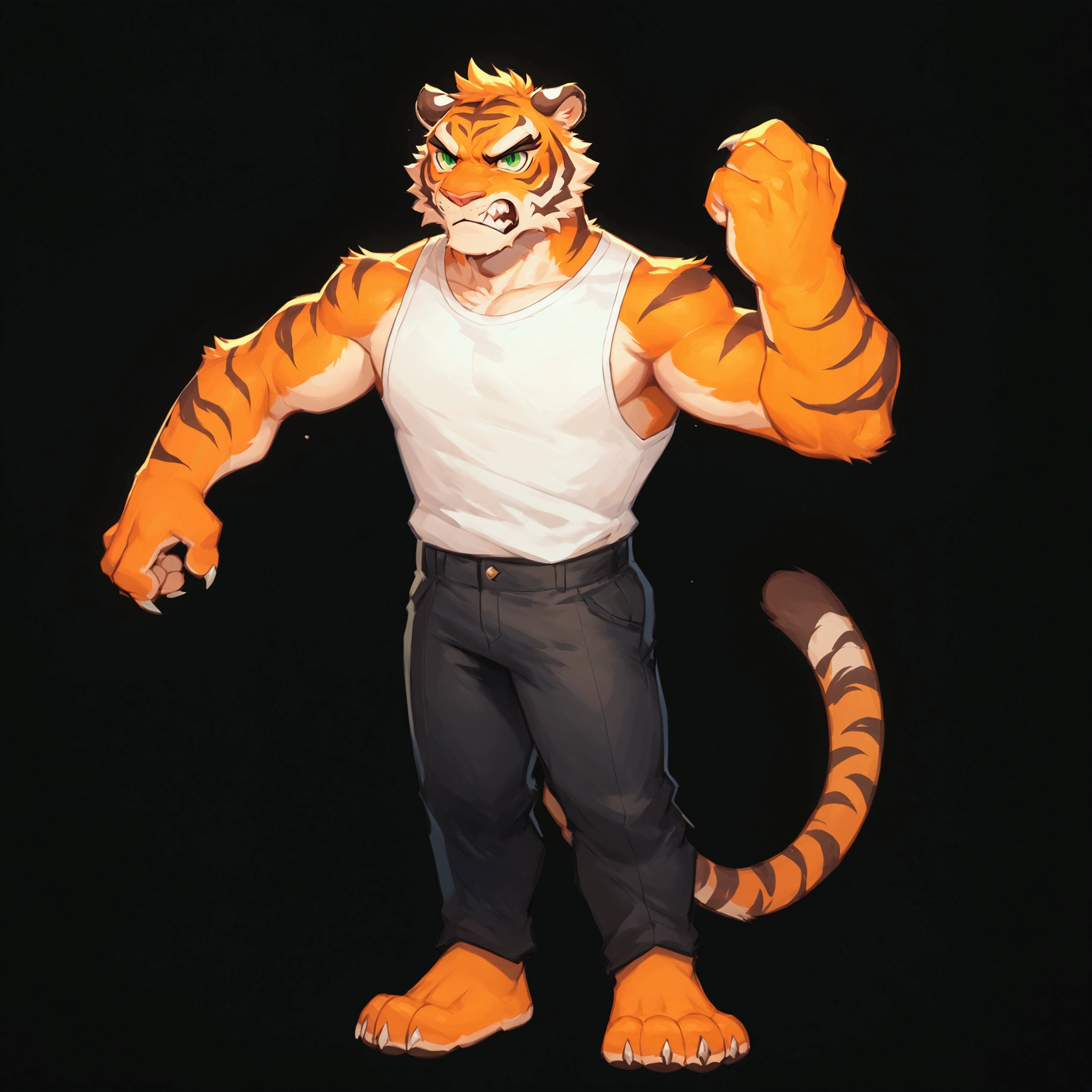 score_9, score_8_up, score_7_up, score_6_up, 1tiger, he has green eyes, he has 4 fingers and sharp claws, he wears white top and black pants, he is furious, he jumps and attacks, he is in the middle of fight