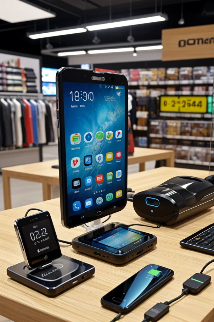 on a table in a store selling telecommunication equipment there are several latest models of smart phones, There are also gadgets for smartphones such as charging tools and others
