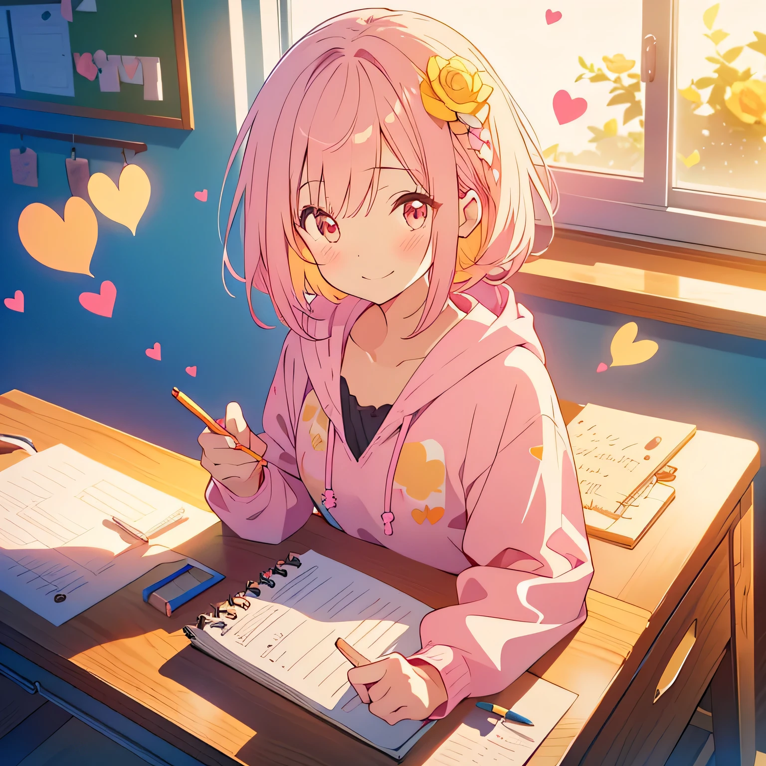 kawaii, anime, Cute, hyper quality, highly detailed, 8k, Clarity, sit at the study desk in the classroom, bright pink short hair, You can see the Dutch town, soft air, light shines through the window, close up of face, Self-studying, Draw facial expressions in detail, wave hands, bird's eye view, red eyes, stare at, upward glance, smiling, pink hair, heart doodle on notebook, heart doodle, like, put on a hoodie, draw a heart pattern, Write the umbrella in your notebook, love, heart mark on blackboard, full of hearts, wink, heart mark, play with hair with fingers, potted yellow rose flower, yellow rose flower,