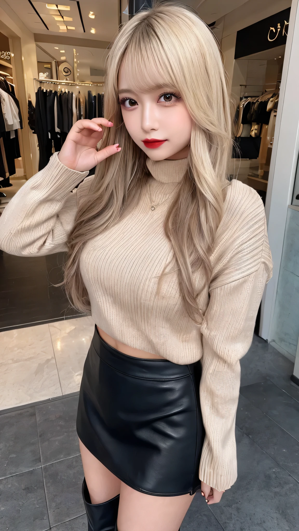 High resolution、blondeヘア、girl、Light Hair Color、Tanned hair、sexy、blonde、Thin legs、Beautiful eyelashes、High resolution、Zoom out、20-year-old、 Wide viewing angles、Highest quality、Very detailed、Finer details、High resolution、8k wallpaper、Beautiful eyes in every detail、Natural lip color、Off-the-shoulder sweater、leather skirt、mini skirt、thigh-high boots、long hair、wave hair、Shopping Centre、Apparel Shop、Accentuate your breasts、Idol-like face、Cute face
