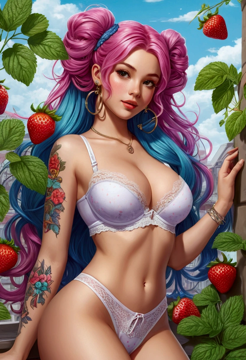 Happy, cozily, mentally, Romantic, Background, in chic white, pink, yellow, blue, Crimson, strawberry lavender purple mint hair, mixed-language_SMS, (beautiful and clear background:1.2),, fantastic paintings ,graffit style, olhos altamente detalhados , Underwear, lace, latex, Long pigtails, braid, Long Hair, cool hairstyle, Flora Print, Birds, Plants, sweets, tattoo, Loving, Love, ultra detailed hair, Masterpiece, Best Quality, hig quality, high-resolution, detail enhancement, ((most beautiful image in the world)), Masterpiece, Best Quality, hig quality, high-resolution, detail enhancement, ((most beautiful image ), Shiny degraded hair, ultra short strawberry print dress Stampa Flores,  tights in a mesh, ornaments, bangles, Rings, pearcing, Simple Ring Earrings, cool hairstyle,  art by stjepan sejic, art by j scott campbell, art by guillem march, art by citemer liu, 4k, high-resolution, comic book character, comic, high quality detailed,   style of ::2.0 comix illustration style,tatoon style, hig quality, high-resolution, detail enhancement, 8K, HD, Best Quality, hig quality, high-resolution, detail enhancement, 8K, HDR, Sharp focus, Ultra Detailed, Perfect lighting, Curvy Body, Lush breasts, Curvy hips