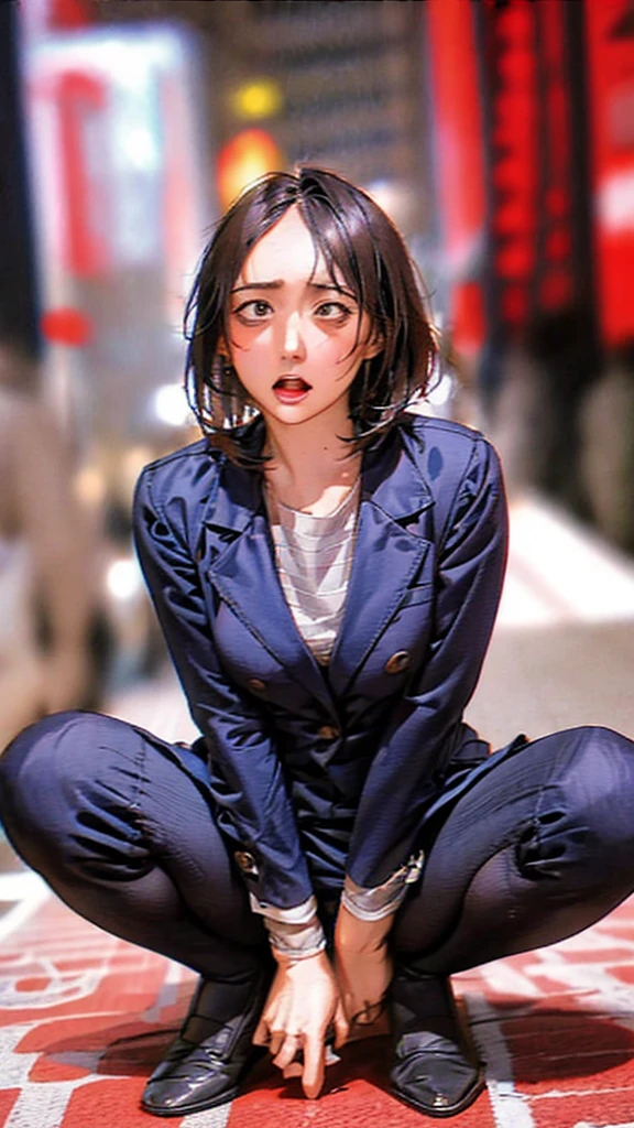 Skyscrapers in the background,masterpiece,Highest quality,High resolution,Anatomically correct,Sweat,Blue suit,pantyhose,shirt,Spread your legs,Spread your legs,Glowing Skin,Forehead,Messy Hair,Long Bob,ID card,Bend your knees and squat