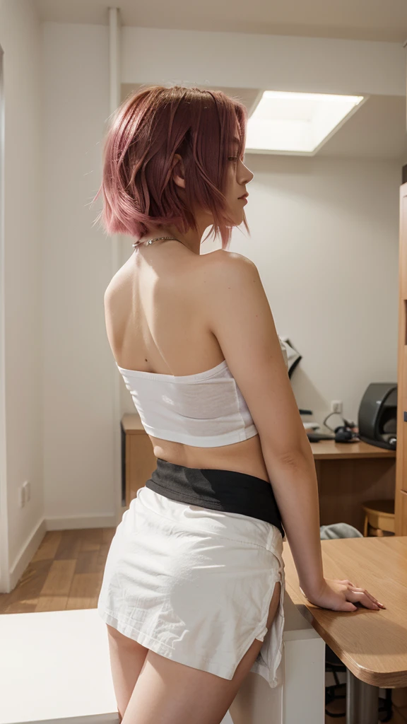 back view, ((masterpiece)), (best quality), (detailed), 1girl, looking at viewer, (lipstick: 0.75), leaning forward, long pink hair, twin tails, colorful thighighs, winter, vivid colors, (((100% nude))), sexy pose, reverse v legs