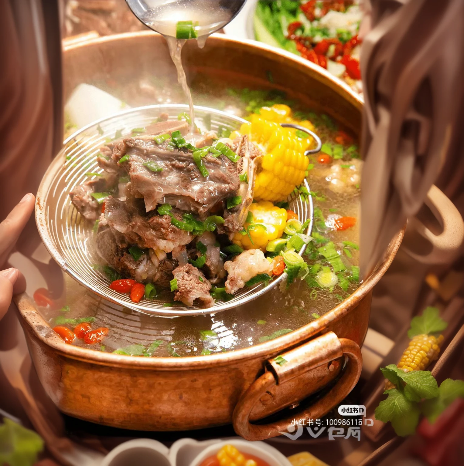 Someone is pouring soup into a pot with vegetables and corn,  Warm and convivial atmosphere, Pustules, tasty, Guangdong, boiling, traditional Chinese, You were, holiday, High-quality food photography, daopao, HD Food Photography, bubbling cauldron!, qiangshu, Stunning visuals, simple, Longque Chen