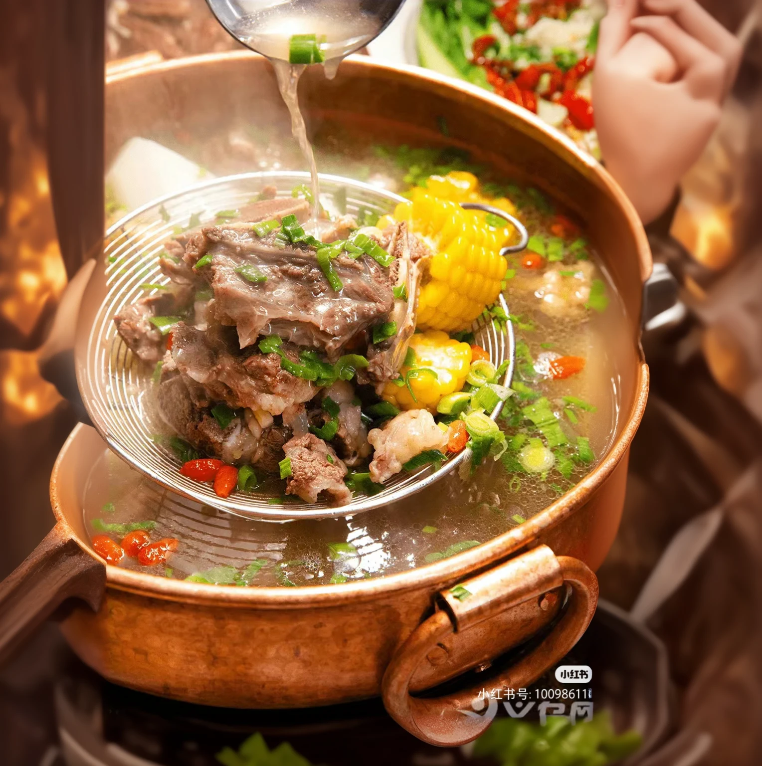 Someone is pouring soup into a pot with vegetables and corn, Warm and convivial atmosphere, Pustules, tasty, Guangdong, boiling, traditional Chinese, You were, holiday, High-quality food photography, daopao, HD Food Photography, bubbling cauldron!, qiangshu, Stunning visuals, simple, Longque Chen