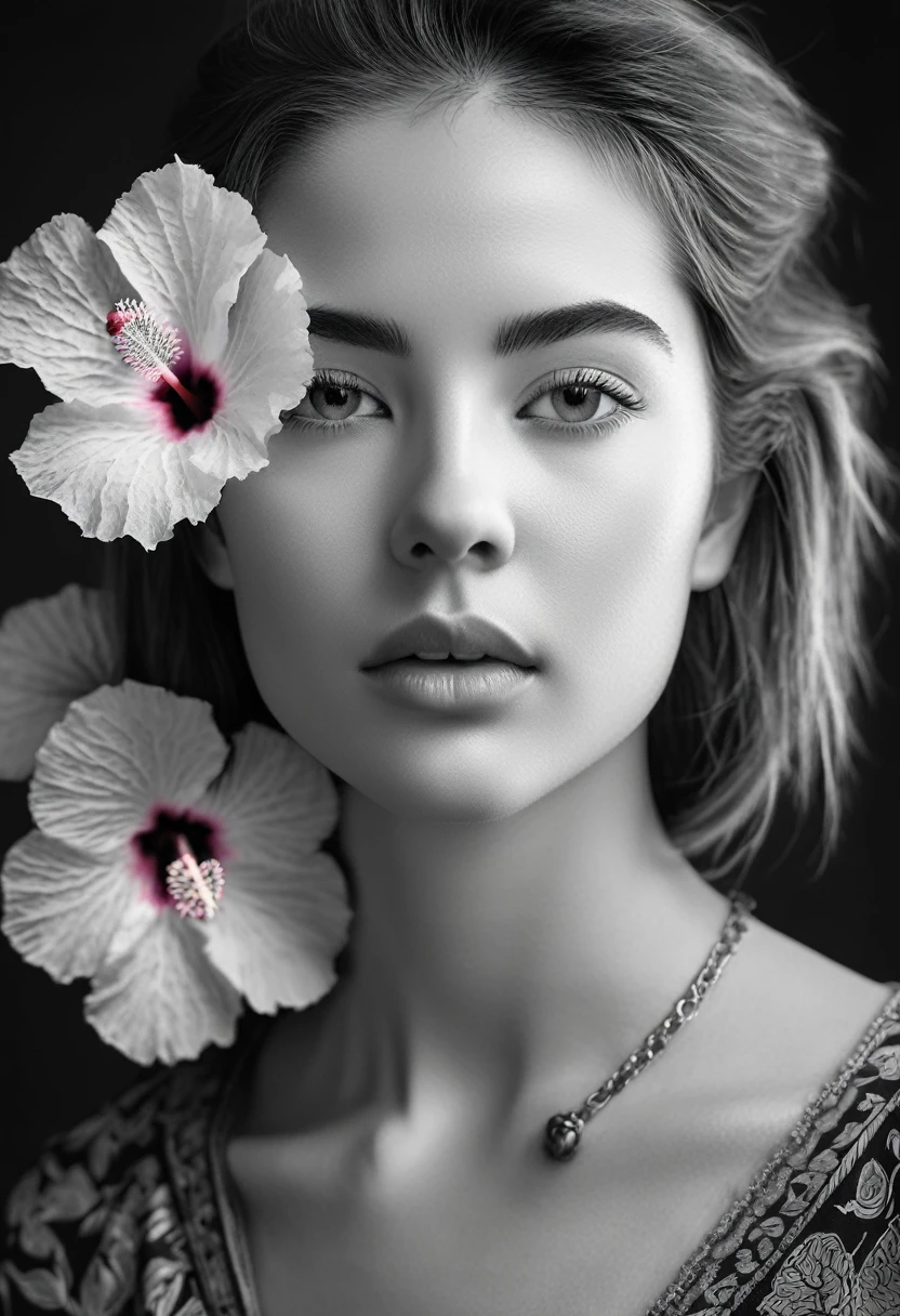 A black and white photo in raw format, zooming in on the intricate details of a young woman's face, shot with a solitary striking Pink Hibiscus, adding a touch of softness and femininity to the composition, enhancing the dramatic contrast and textures of the monochrome image.
