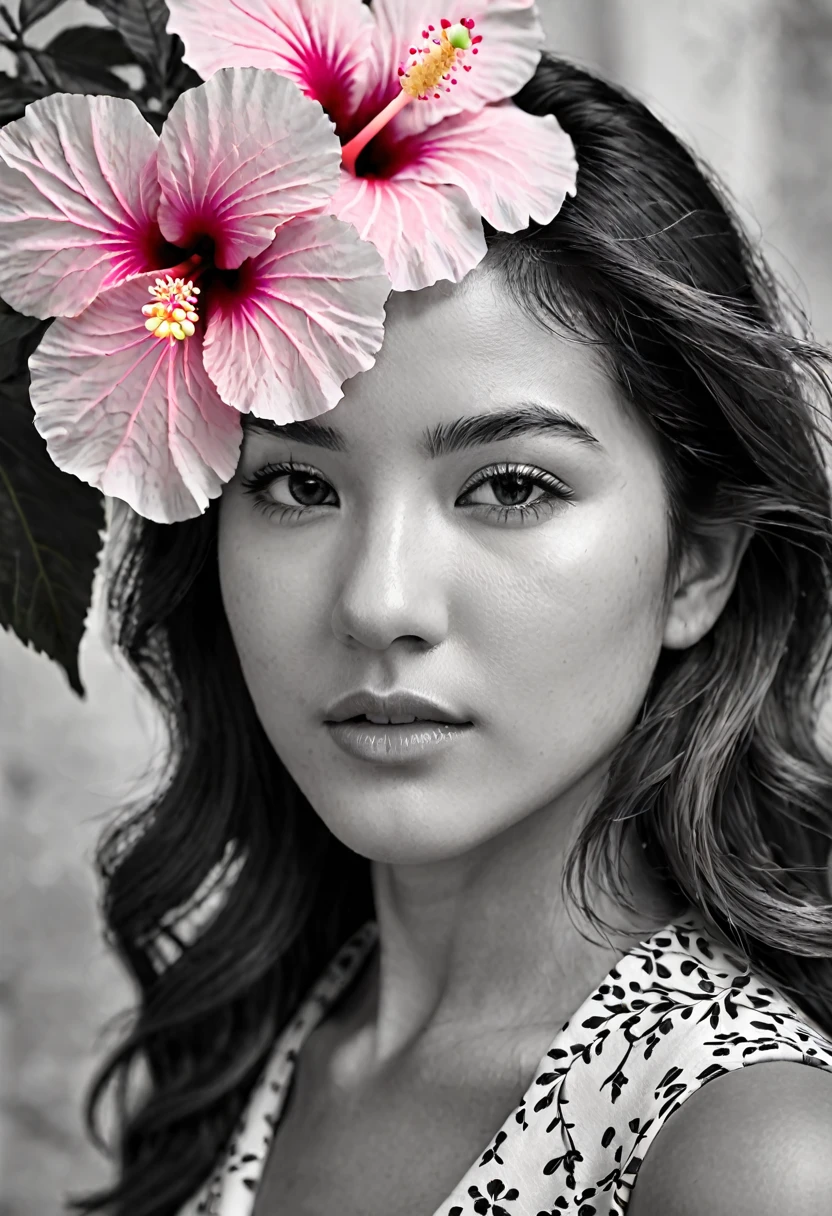 A black and white photo in raw format, zooming in on the intricate details of a young woman's face, shot with a solitary striking Pink Hibiscus, adding a touch of softness and femininity to the composition, enhancing the dramatic contrast and textures of the monochrome image.
