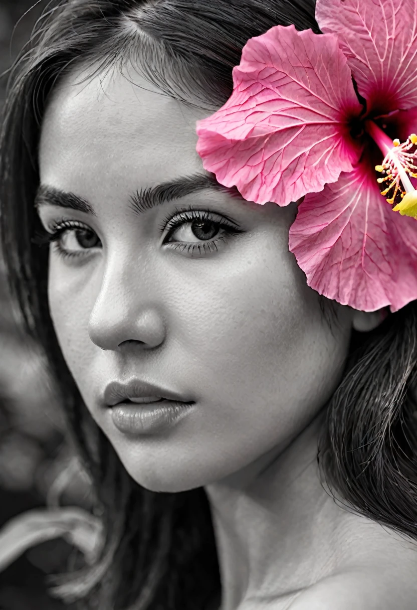 A black and white photo in raw format, zooming in on the intricate details of a young woman's face, shot with a solitary striking Pink Hibiscus, adding a touch of softness and femininity to the composition, enhancing the dramatic contrast and textures of the monochrome image.