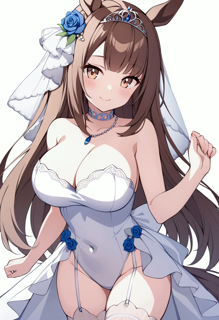 slender, mature female, 1girl, breasts, animal_ears, horse_ears, horse_girl, horse_tail, long_hair, large_breasts, cleavage, brown_hair, garter_straps, solo, white_legwear, flower, brown_eyes, jewelry, thighhighs, dress, thighs, bare_shoulders, necklace, looking_at_viewer, hair_ornament, blush, strapless, closed_mouth, covered_navel, collarbone, bangs, bridal_veil, cowboy_shot, wedding_dress, white_dress, smile, strapless_dress, veil, tiara, navel, leotard, standing, ribbon, very_long_hair, off_shoulder, eyebrows_visible_through_hair, choker, sleeveless