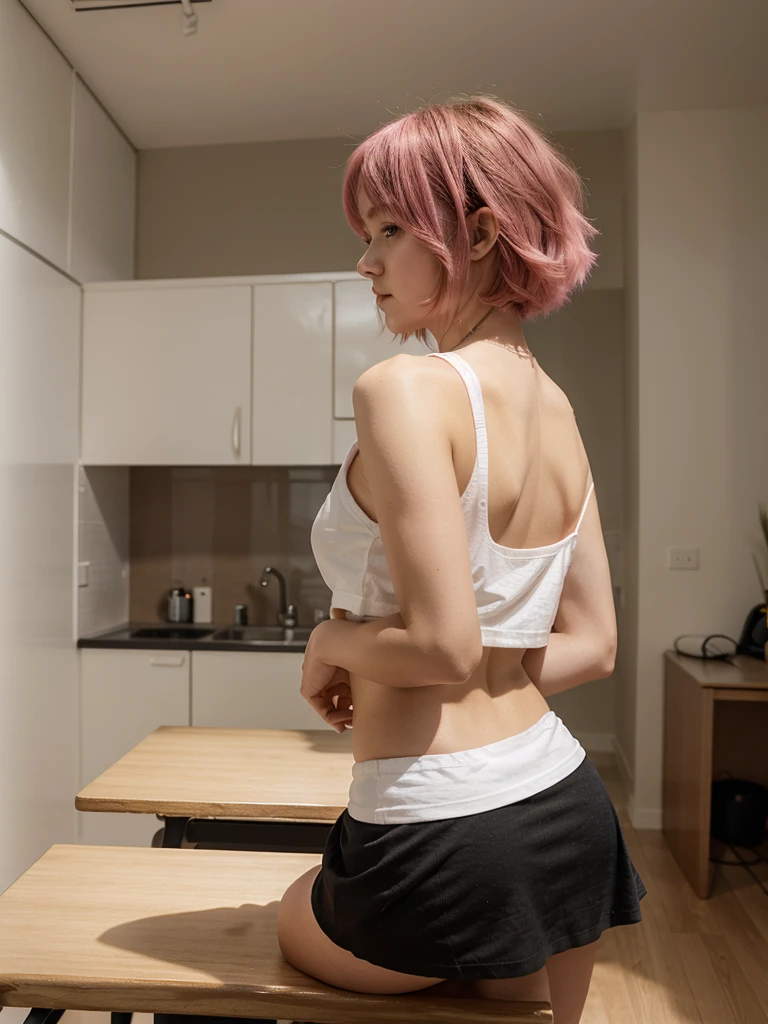 girl 21 years old, short shoulder-length hair, pink hair , wearing a short black skirt, white T-shirt, leaning on a table,room in the background,with her back turned