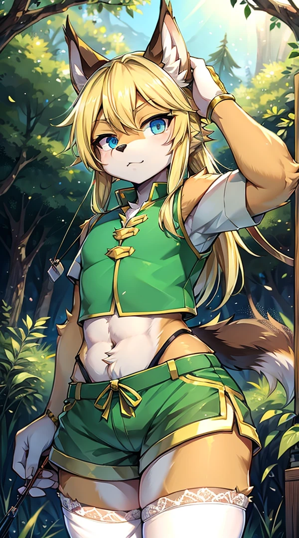 Wolf Boy,Wolf-eared boy,bow箭手少年,Hunter Junior,furry,furry,hairy,Blonde hair all over,Golden fur,Golden fur,绿色bow箭手服装,Long hair,blond,hunter costume,hunter costume,furry,白色丝绸Knee socks,Knee socks,蕾丝花边Knee socks,Lace style decoration,shorts,蕾丝花边shorts,运动shorts,皮革shorts,Big Ass,Pseudo-sissy ass,femboy,绿色hunter costume,Forest Background,Jungle Background,Outdoor Background,bow,手持bow,Archery pose,Archery pose,手持bow,bow箭,flat chest,Chest wrap