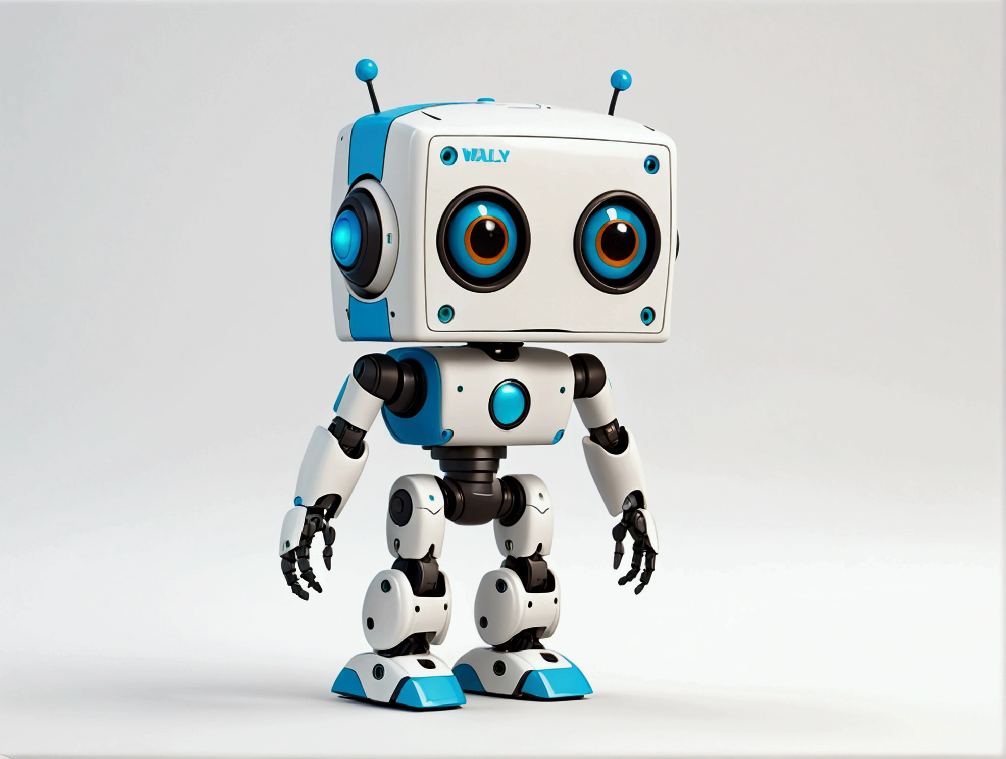 small tender robot like wally-e , short legs, reactangular rectangular head with eyes ((front, side, back views of the same character)) , white background