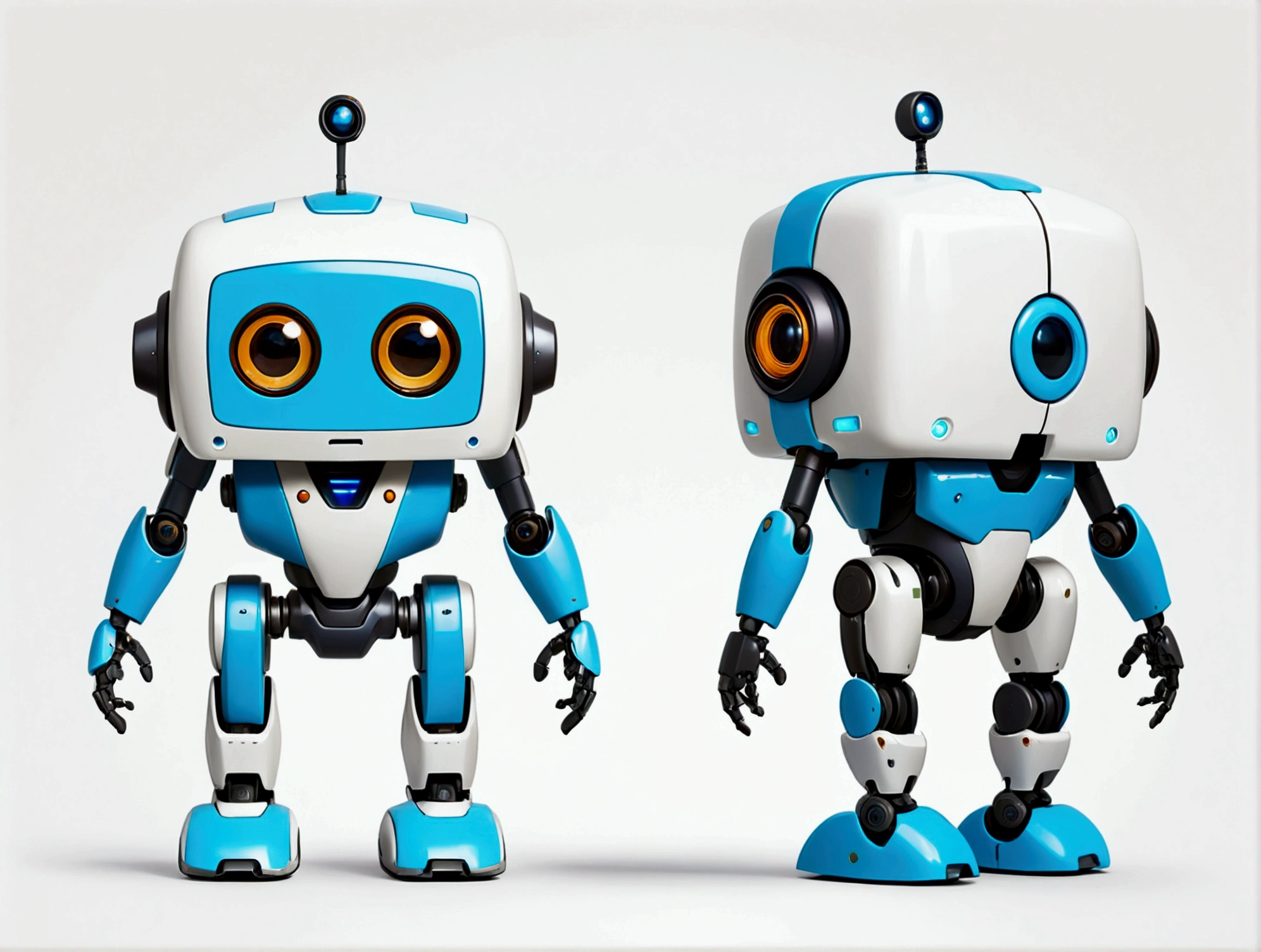 small tender robot like wally-e , short legs, reactangular rectangular head with eyes ((front, side, back views of the same character)) , white background