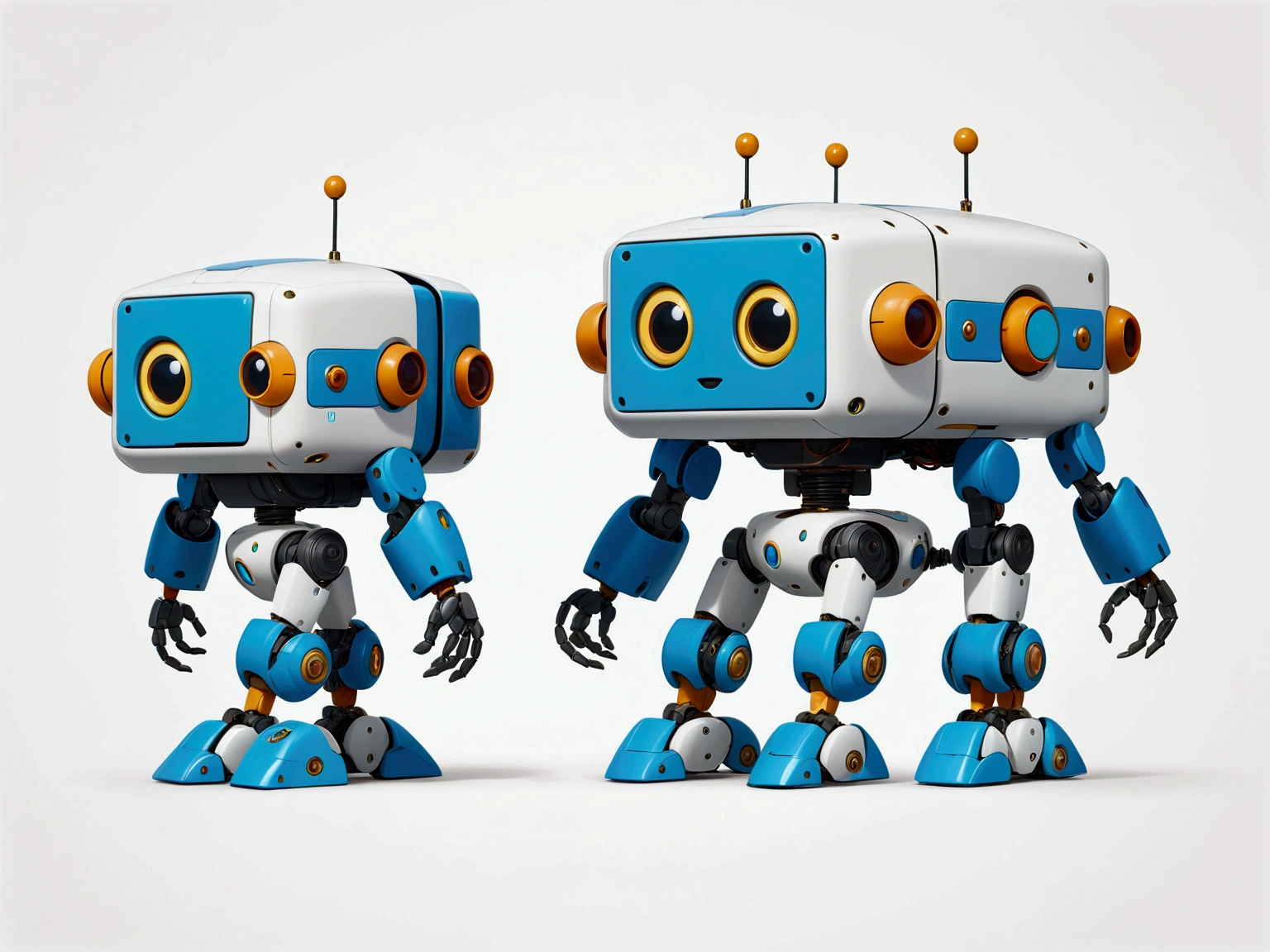 small tender robot like wally-e , short legs, reactangular rectangular head with eyes ((front, side, back views of the same character)) , white background
