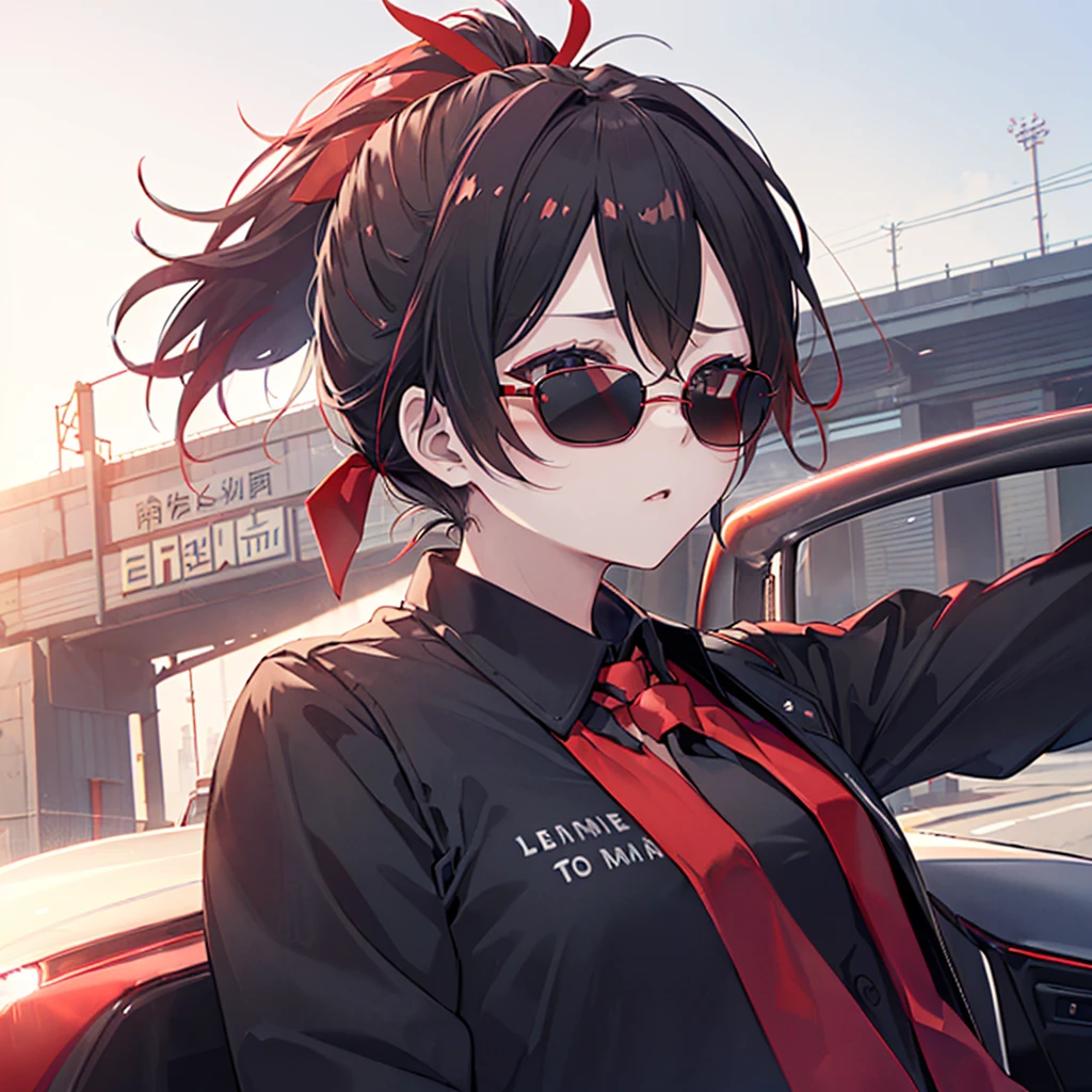 (((((Female Driver、drive、Red convertible))))) ((((black色のスーツ、Red tie)))) (((black髪、ponytail、Blowing in the Wind sunglasses、black))) ((Expressway、Light、Light)) Shining Edge Shining Background