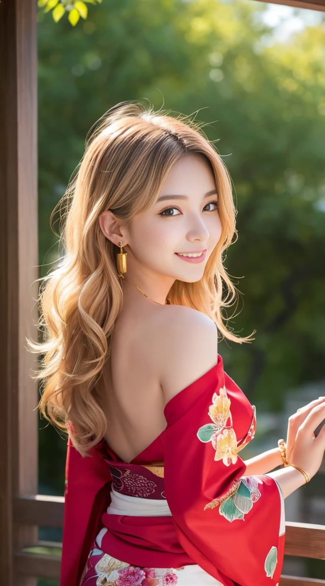 flying debris、Highest quality、An illustration、Highest quality、got it、High resolution、8k wallpaper、Perfect dynamic composition、(((Ezvian Everywhere)))、((From below))、Beautiful and cute 20 year old girl、Beautiful face in every detail、Delicate and cute eyes、Fine skin、Red cheeks.、shy、(Semi-short hair:1.3)、(wavy blonde hair)、Small breasts、Bold sexy pose、smile、Small breasts、Between the legs、Small Ass、Thin butt、Generated on the eaves.、Narrow shoulders、wavy blonde hair、blonde、Heart-shaped earrings、smile、、Gold bracelet、Tie your hair back、hair ornaments、紅いkimono、kimono、Full body portrait、花柄のkimono、Dragon tattoo on body