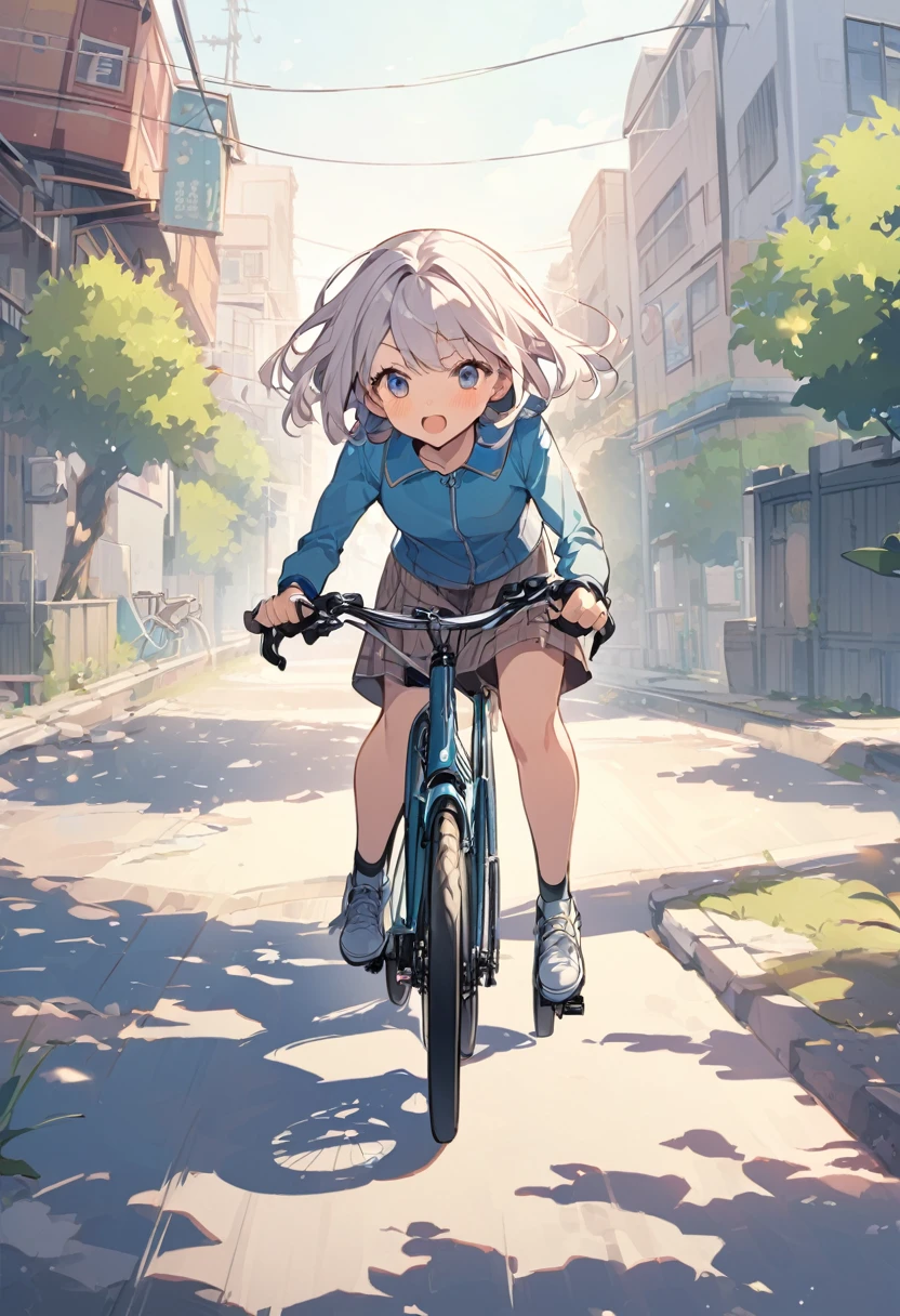 Leaning forward、Move forward left、girl、bend arms、ride a bicycle