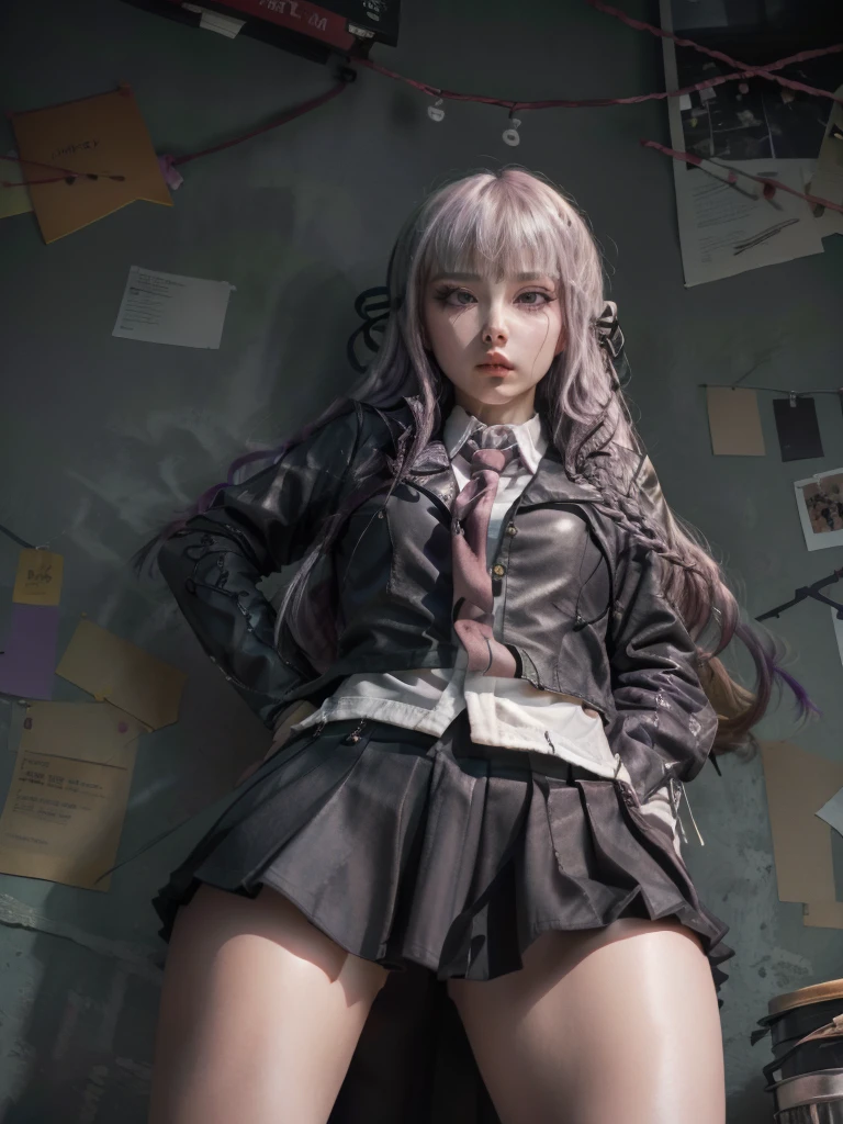 photo Realistic, masutepiece, Realistic, High contrast, hyper Detailed, Best Quality, 超A high resolution, photo Realistic, High resolution, Detailed, Raw photo, Kyoko Kirigiri, Long hair, Purple hair, Side braid, Blunt bangs, Hair Ribbon, a black ribbon, High collar, Brown tie, Black Motorcycle Jacket, Long sleeves, Black Gloves, Black mini skirt, Pleated skirt,(( Black long boots)), (((Full Shot))), Danganronpa \(Series\), Street, Full Shot, Looking at Viewer, White shirt, Woman, (((From below))), Busy city, foreshortening, (Pose Seductive), Looking at Viewer, mad, (eyecontact), japanaese girl,