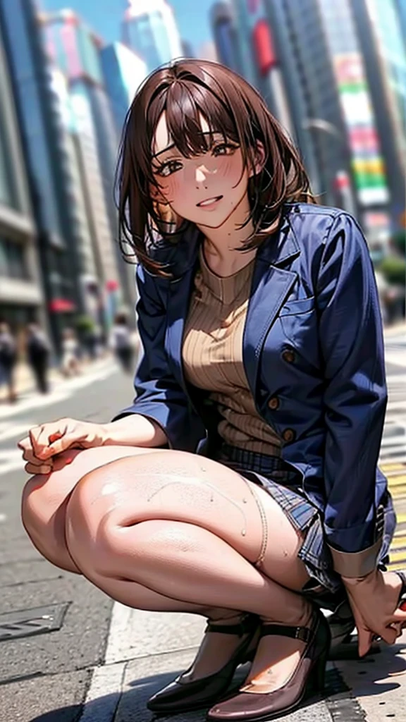 Skyscrapers in the background,masterpiece,Highest quality,High resolution,Anatomically correct,Sweat,Blue suit,pantyhose,shirt,Spread your legs,Spread your legs,Glowing Skin,Forehead,Messy Hair,Long Bob,ID card,Bend your knees and squat