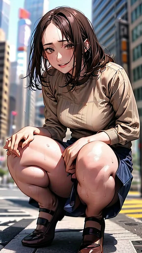 Skyscrapers in the background,masterpiece,Highest quality,High resolution,Anatomically correct,Sweat,Blue suit,pantyhose,shirt,Spread your legs,Spread your legs,Glowing Skin,Forehead,Messy Hair,Long Bob,ID card,Bend your knees and squat