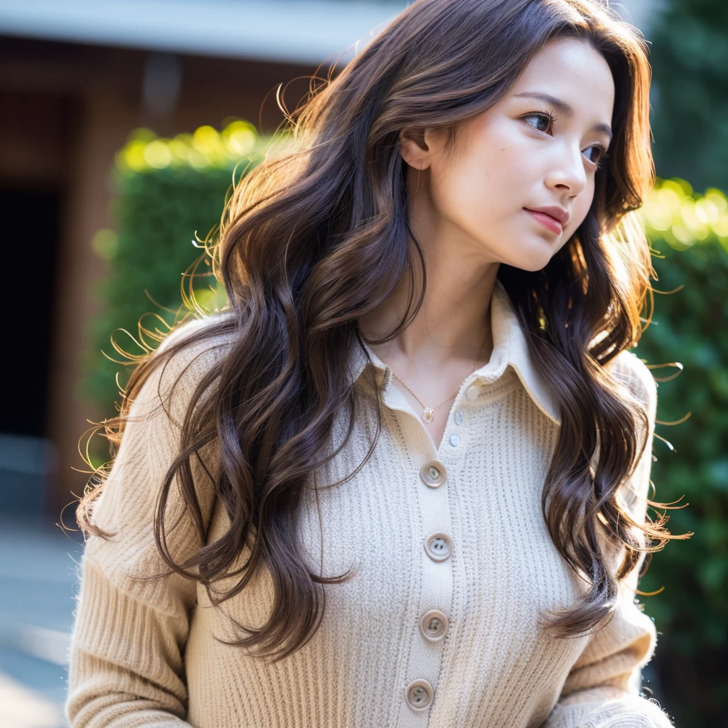 Beautiful mature woman with beautiful wavy long hair, Clothes in which the chest is visible, Ultra-high resolution,(Realistic:1.4), ((Highest quality)), ((masterpiece)), (be familiar with),