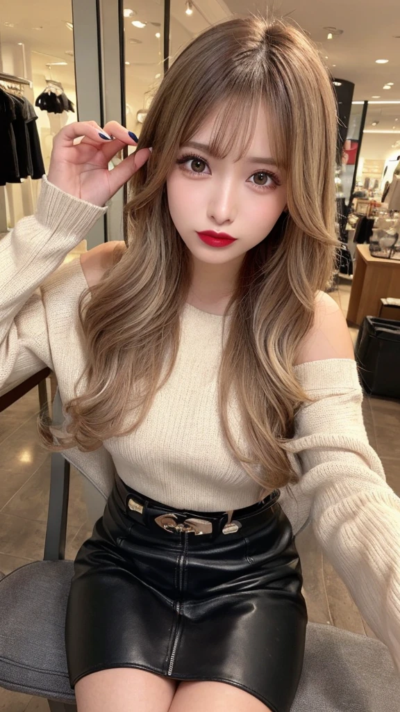 High resolution、blondeヘア、girl、Light Hair Color、Tanned hair、sexy、blonde、Thin legs、Beautiful eyelashes、High resolution、Zoom out、20-year-old、 Wide viewing angles、Highest quality、Very detailed、Finer details、High resolution、8k wallpaper、Beautiful eyes in every detail、Natural lip color、Off-the-shoulder sweater、leather skirt、mini skirt、thigh-high boots、long hair、wave hair、Shopping Centre、Apparel Shop、Accentuate your breasts、Cute face、belt、Sit on a chair、Crossing your legs