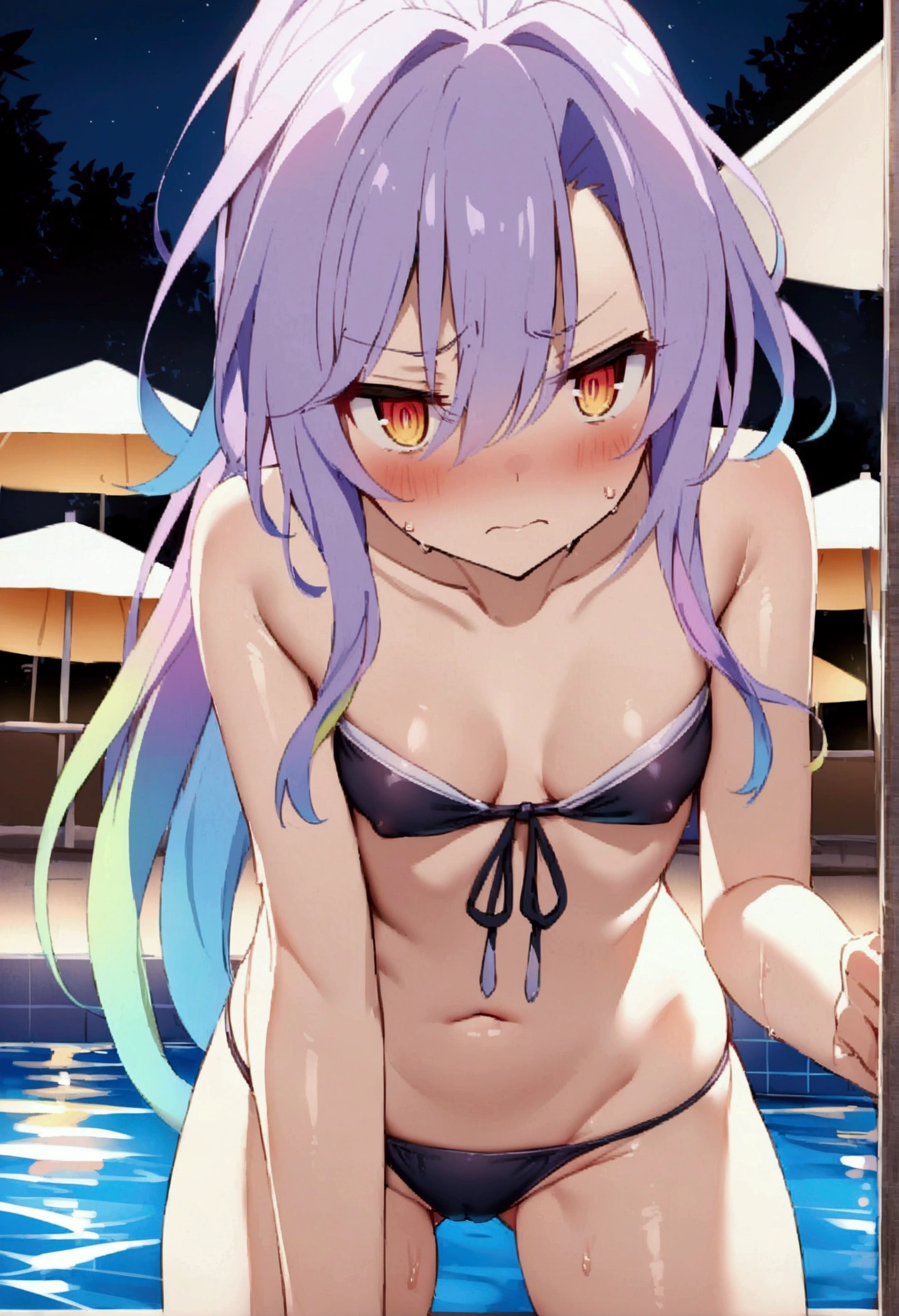 NSFW,masterpiece,Highest quality,High resolution,Very detailed,white\(no game No life\),Small breasts,ponytail,Bandeau Bikini Top,Cleavage,Tie side bikini bottom,Groin,Pool at night,Beach parasol,Frustrated face,blush,Sexy pose,Nampa