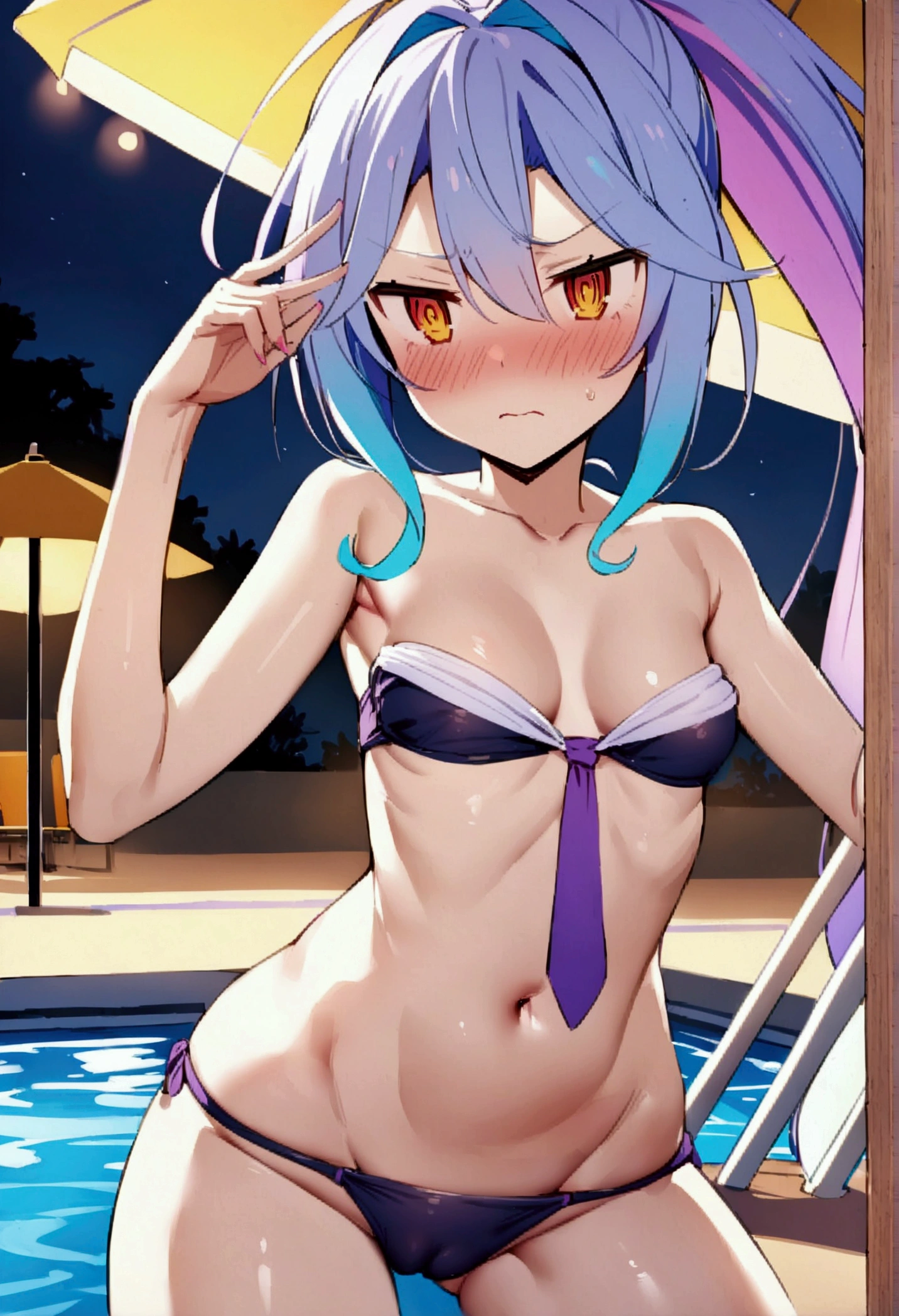 NSFW,masterpiece,Highest quality,High resolution,Very detailed,white\(no game No life\),Small breasts,ponytail,Bandeau Bikini Top,Cleavage,Tie side bikini bottom,Groin,Pool at night,Beach parasol,Frustrated face,blush,Sexy pose,Nampa