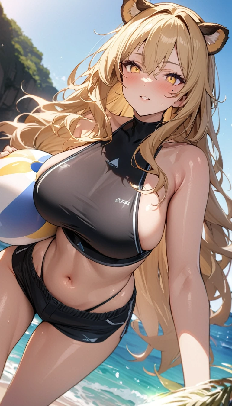 1girl、(((best quality)), ((masterpiece)), (details), masterpiece, best quality, high quality, ulutra detailed, perfect face, ((1girl, blond eyes, tiger ears: 1.3 blond long hair: 2.5,Mole under left eye：2.0))、Shiny Hair、Glowing Skin、Lustful look、Large breasts、Sideboob、Ruffled Bikini、Swimsuit shorts、Ocean、Ocean水浴、Holding a beach ball、