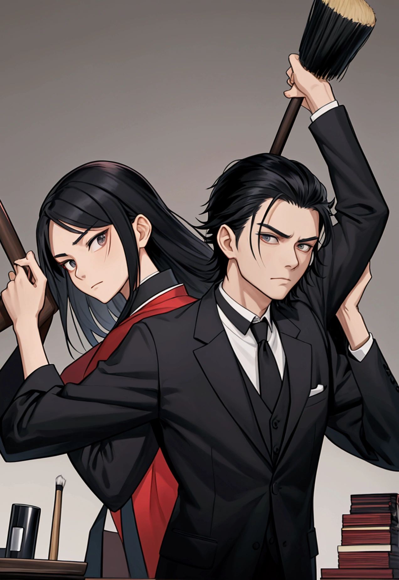 lawyer　He is wearing a black suit and is holding a mallet with his arms raised.。A servile, dissatisfied face looking 47 degrees upwards　Her hair is black and short on both sides, cut with a long brush on top.　背景は裁判所のlawyer用の席