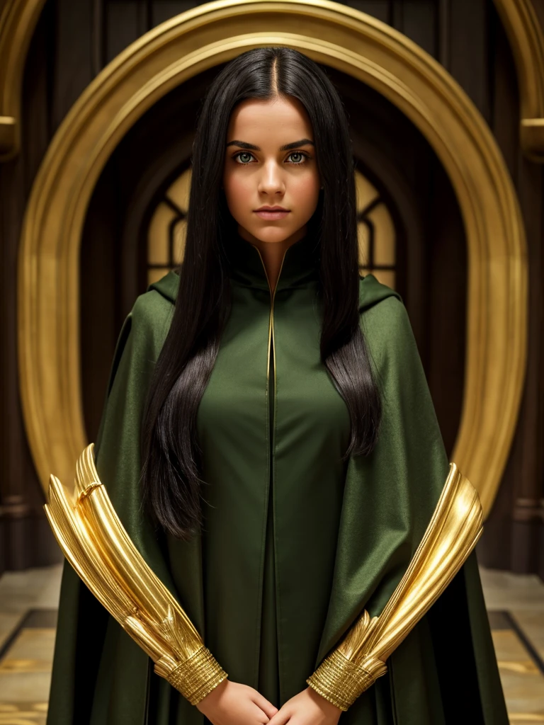 (best quality), 1girl, female, olive skin, black hair, long hair, asymmetric hairstyle, golden eyes, perfect eyes, slytherin hogwarts cloak, harry potter universe, slytherin, masterpiece, anatomically correct, highres
