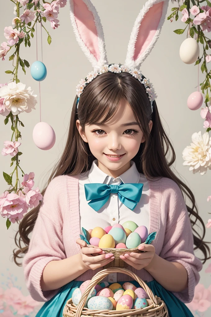 A non-human dinosaur animal holding an Easter basket with a bunny ear a dinosaur with a bunny tail and long ears.